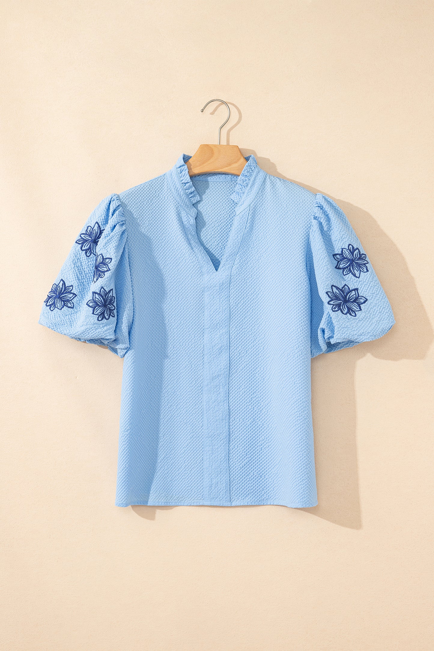 Beau Blue Embroidered Puff Sleeve Blouse