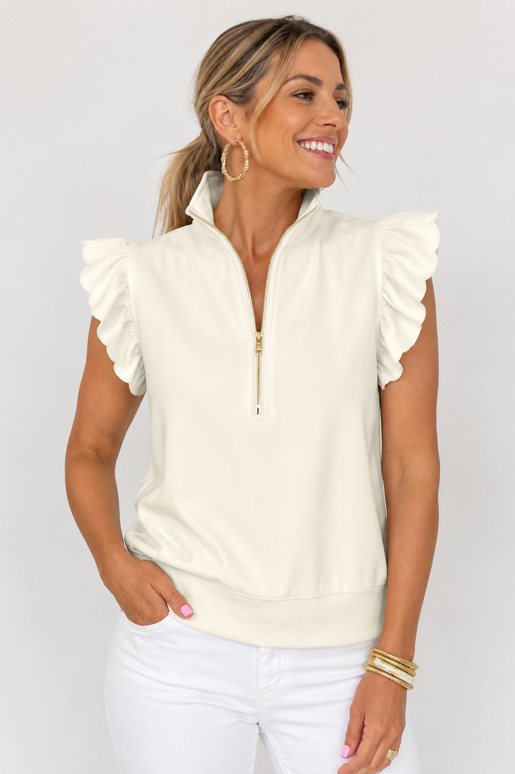 Beige Quarter Zip Collared Ruffled Short Sleeve Blouse