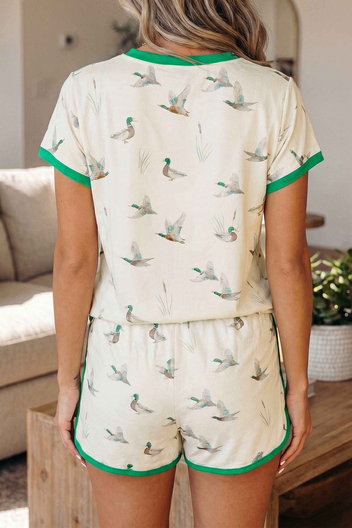 Beige Mallard Duck Print Trim Short Set