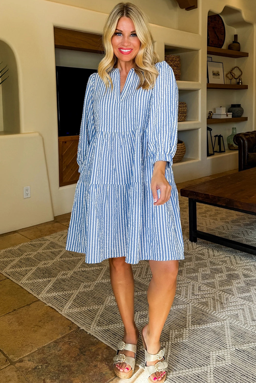 Blue Stripe Bracelet Sleeve Tiered Shift Dress with Pockets
