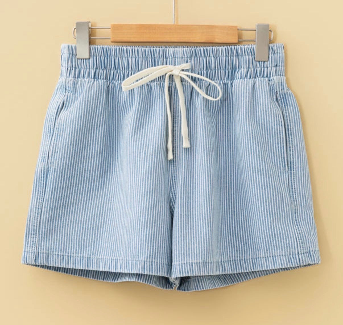 Light Blue Stripe Drawstring Denim Shorts