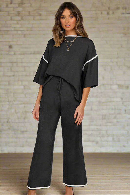 Black Contrast Trim Sweater Knit Pant Set