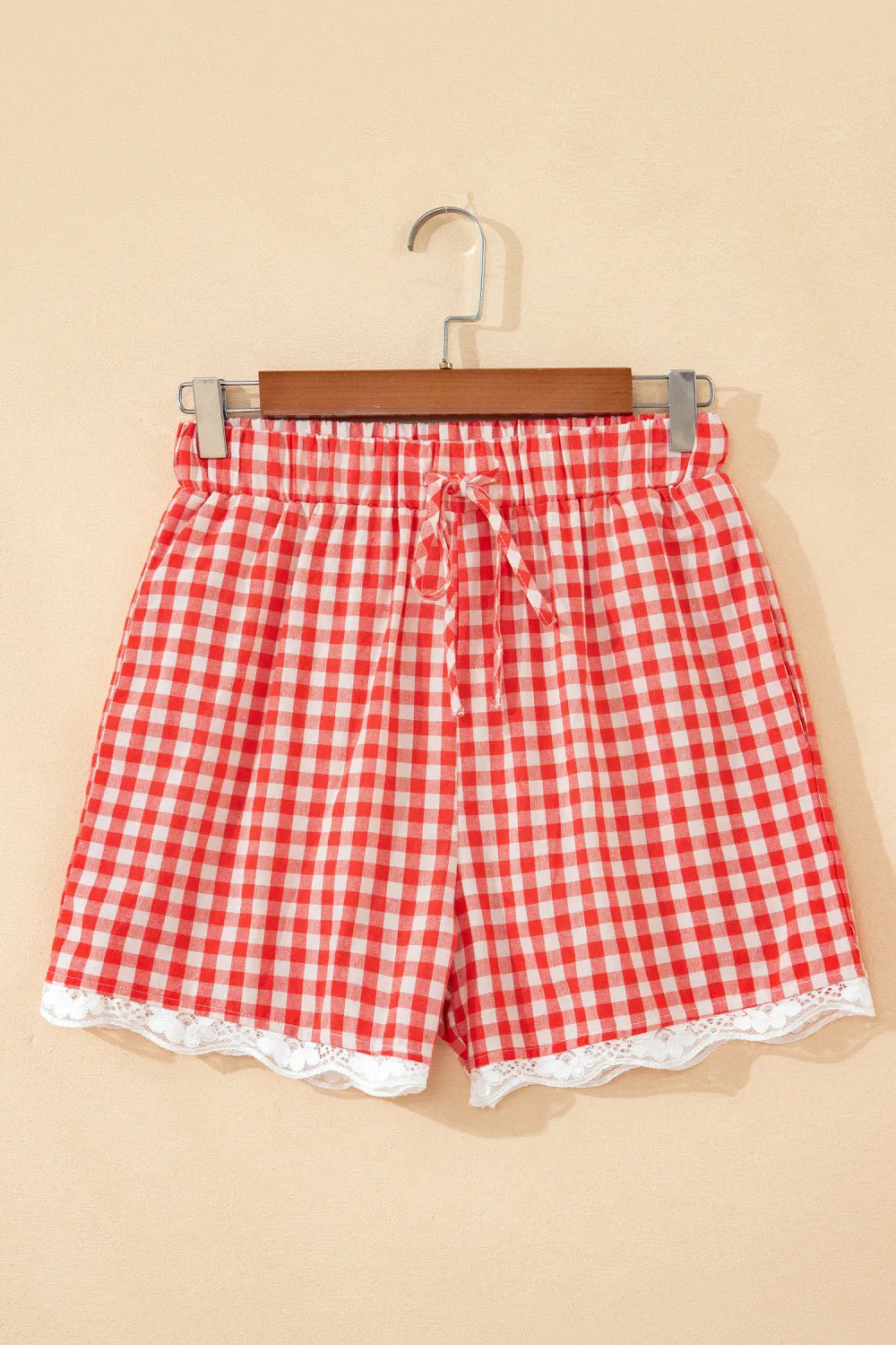 Red Gingham Plaid Tie Waist Lace Hem Casual Shorts