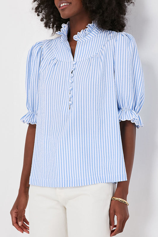 Blue Striped Ruffle Collar Blouse – Puff Sleeve