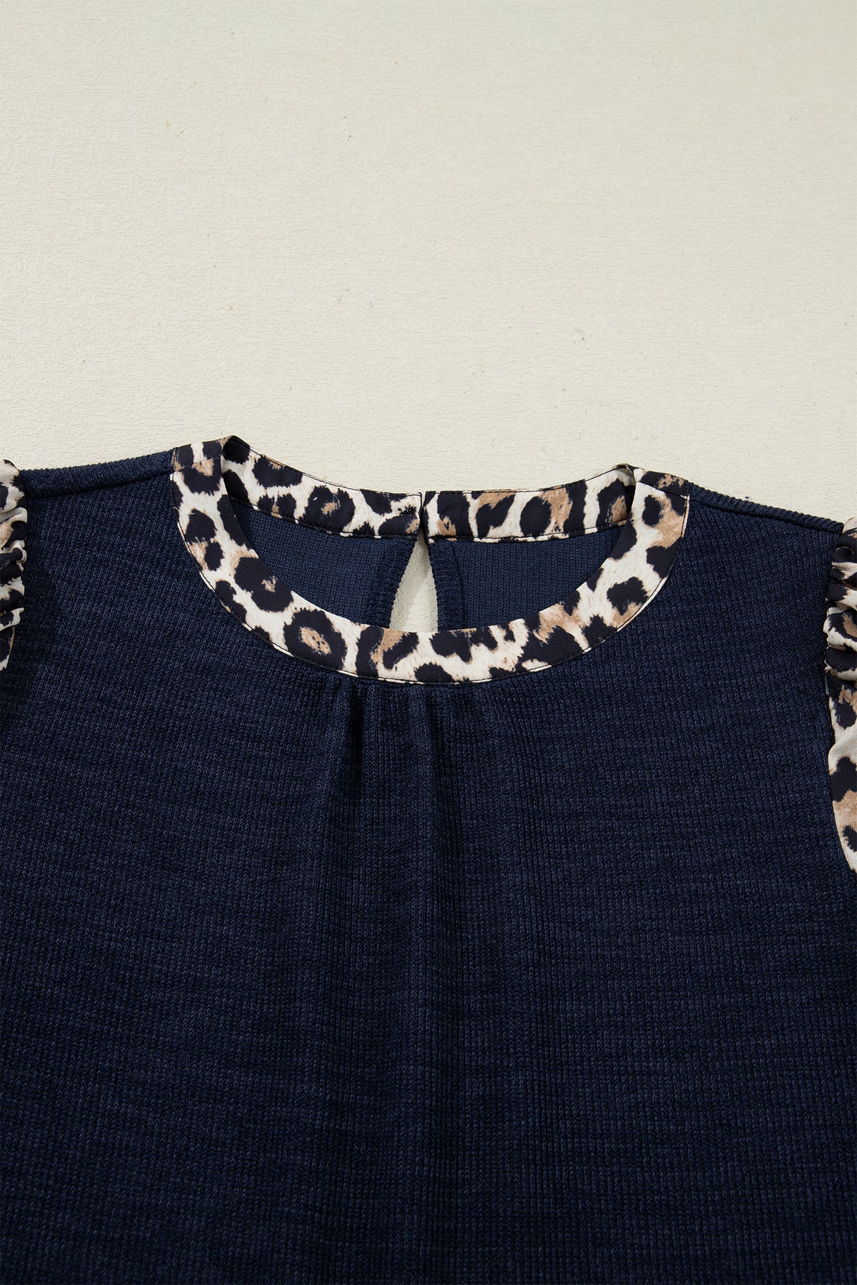 Navy Blue Ribbed Leopard Trim Short Sleeve Top