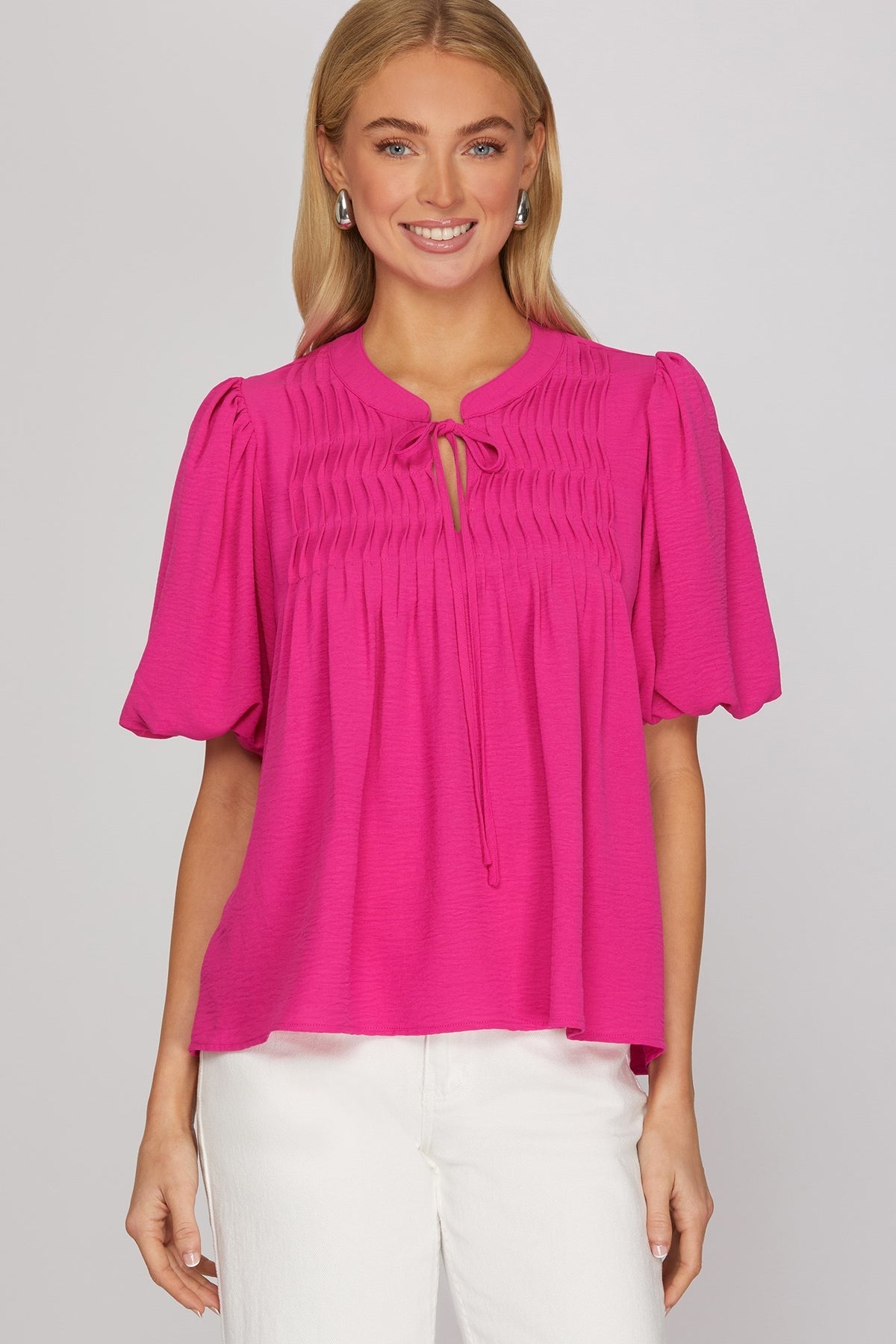 Puff Sleeve Pintuck Tie Neck Blouse by She + Sky