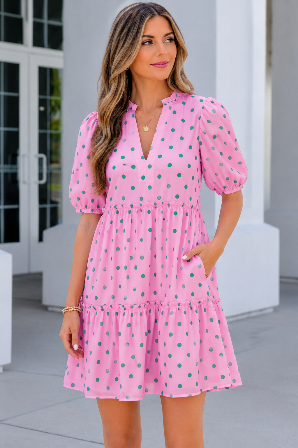 Pink Polka Dot V Neck Short Sleeve Tiered Dress