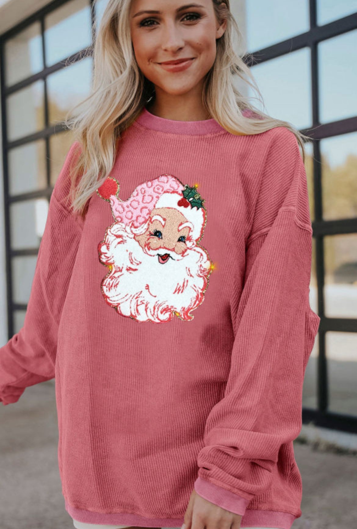 Retro Ribbed Pink Santa Claus Corded Sweater