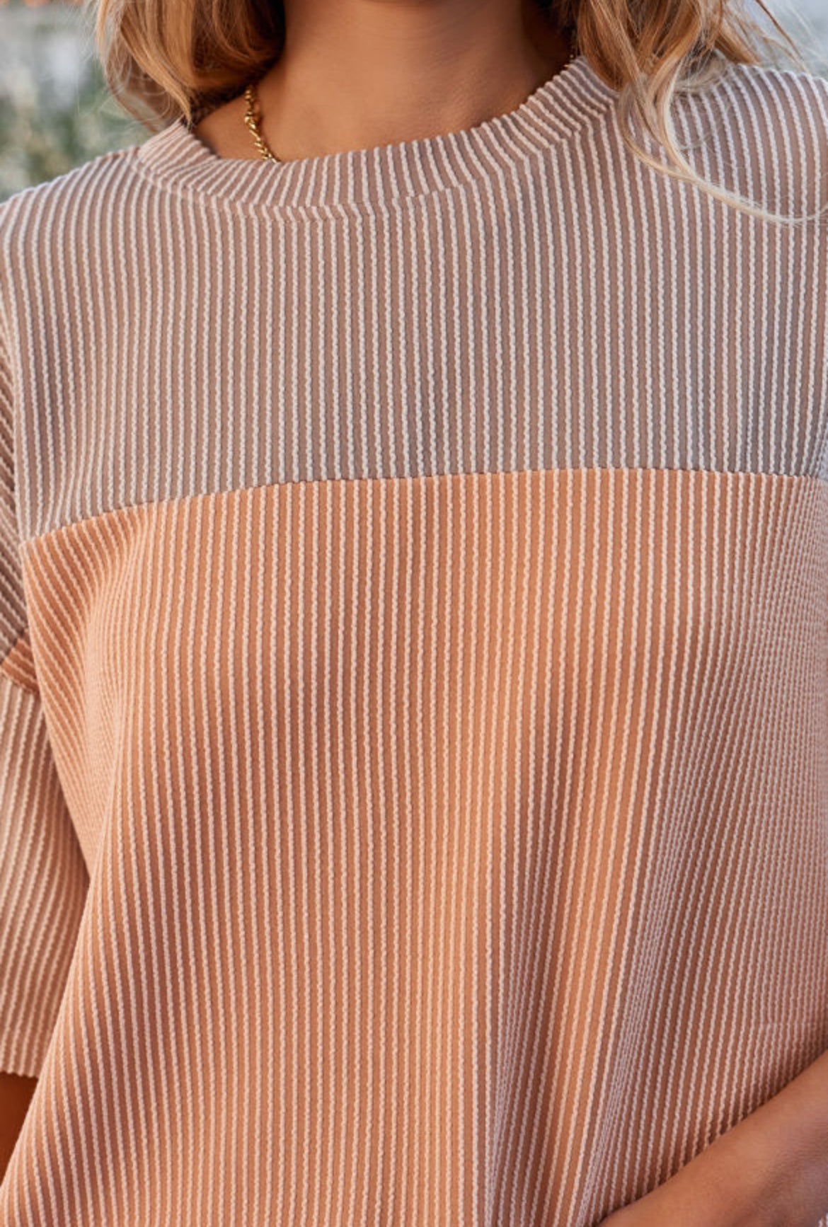 Neutral Colorblock Ribbed Knit Short Sleeve Top
