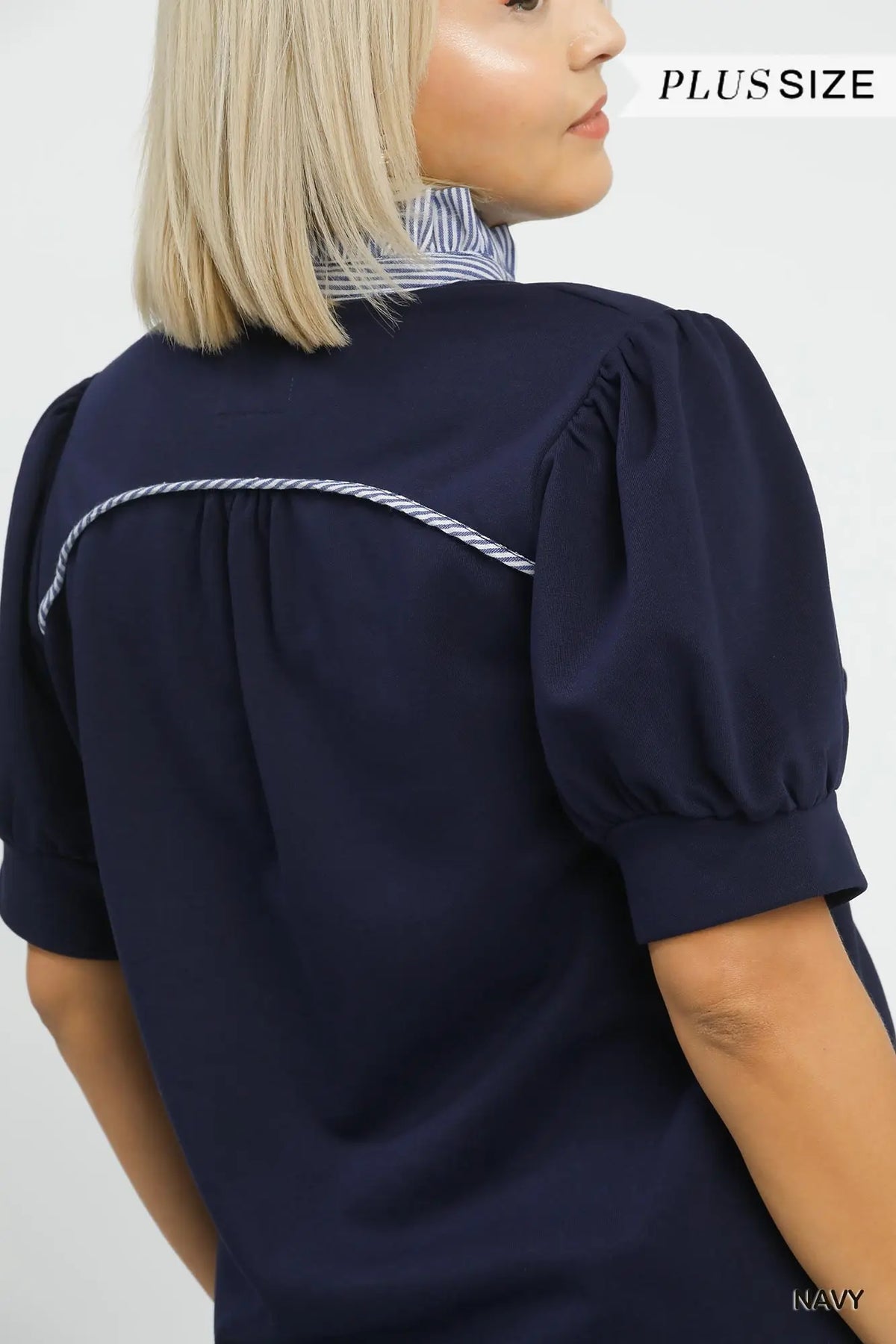 Umgee Navy Striped Collar Popover Top