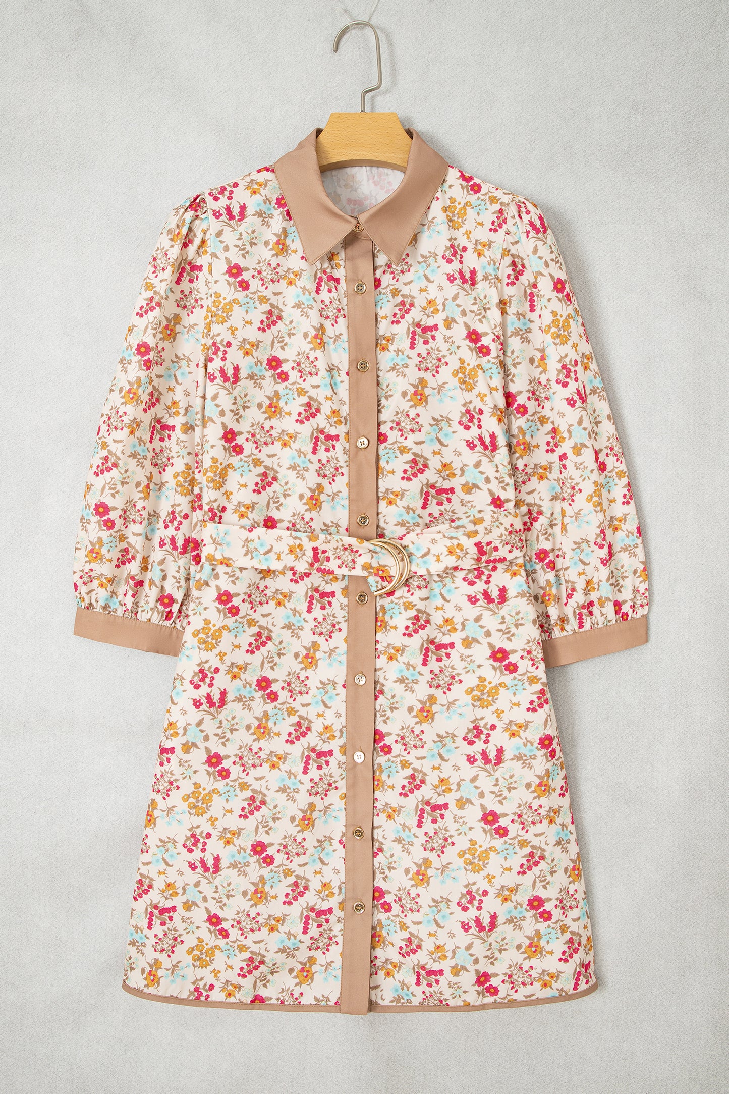 Orange Floral Button Down 3/4 Sleeve Belted Dress