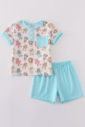 🐶 Blue Character Cotton Short Set