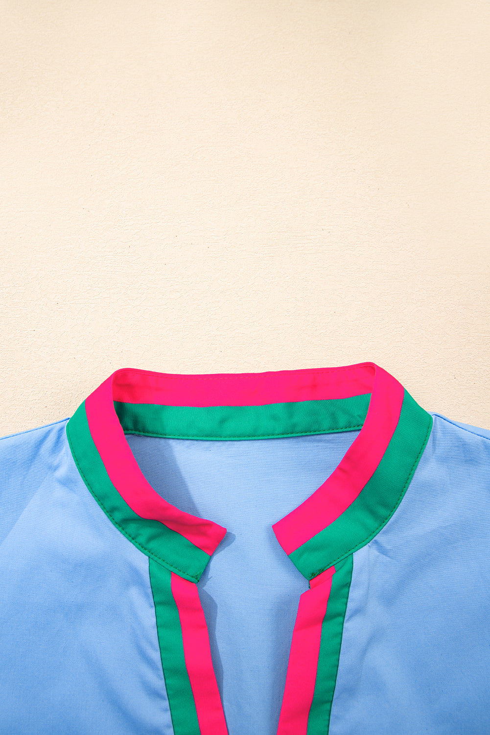 Blue Contrast Striped V Neck Collision Short Puff Sleeve Blouse