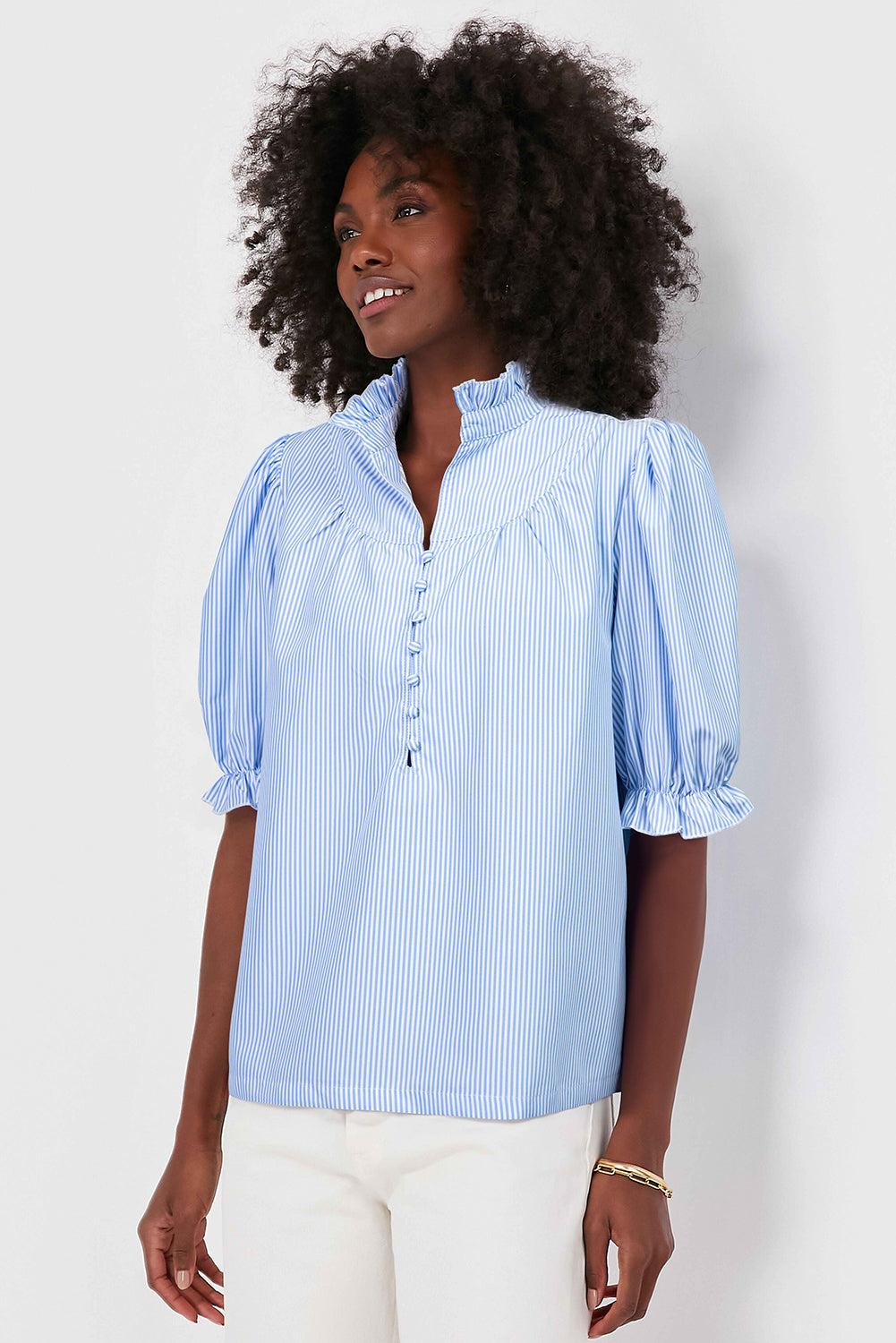 Blue Striped Ruffle Collar Blouse – Puff Sleeve