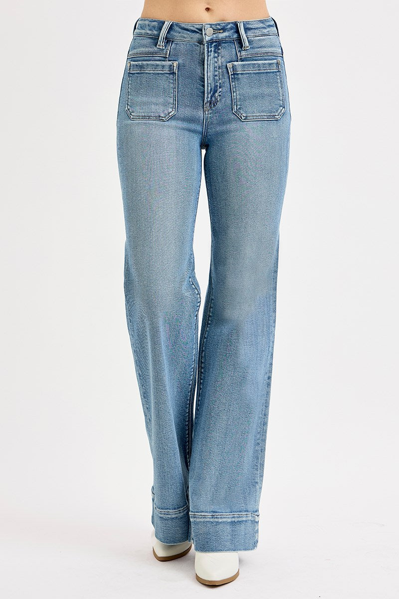 RISEN High Rise Wide Flare Patch Pocket Jeans