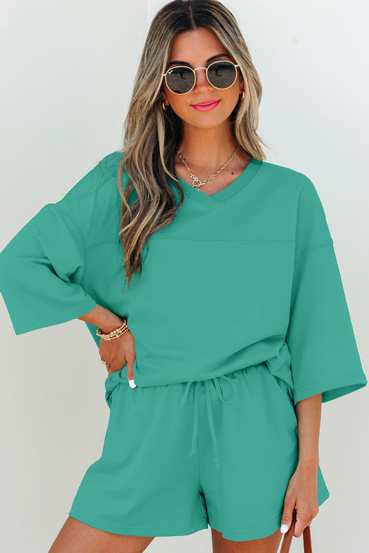 Sea Green V-Neck Tee & Shorts Set