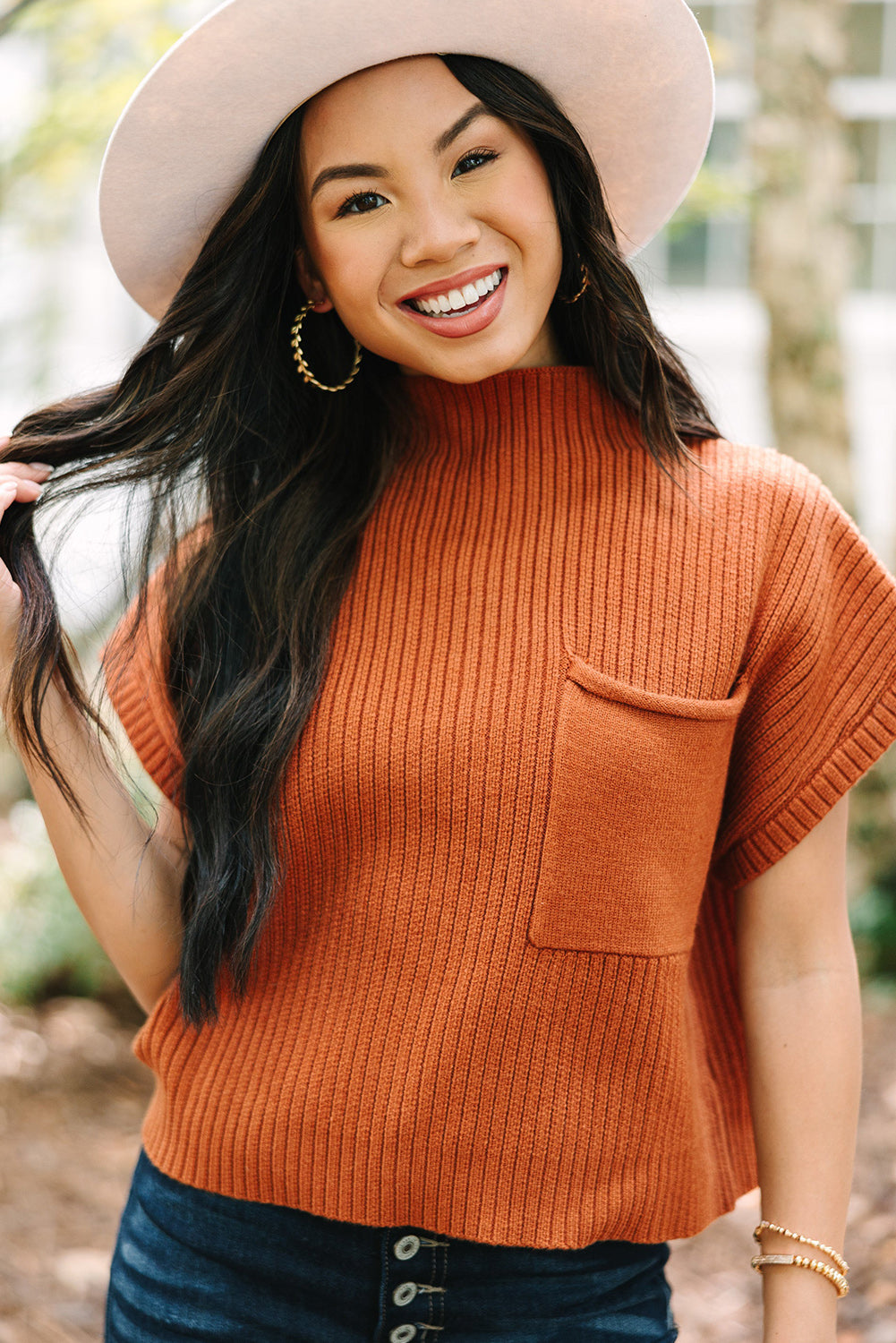 Rust Patch Pocket Ribbed Knit Short Sleeve Sweater