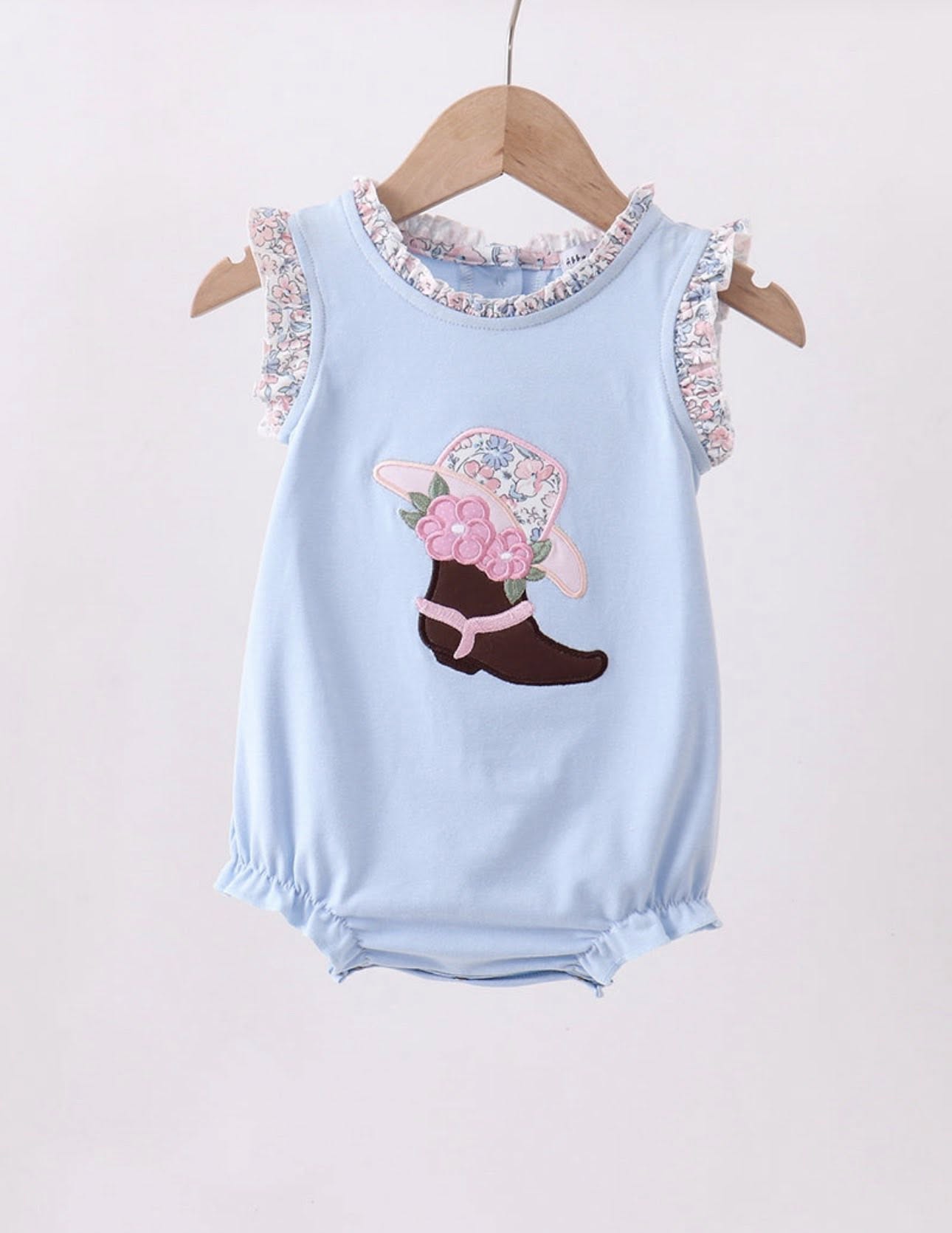 Blue Floral Boot Applique Ruffle Bubble