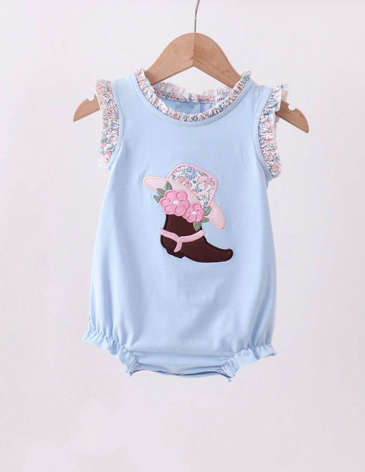 Blue Floral Boot Applique Ruffle Bubble