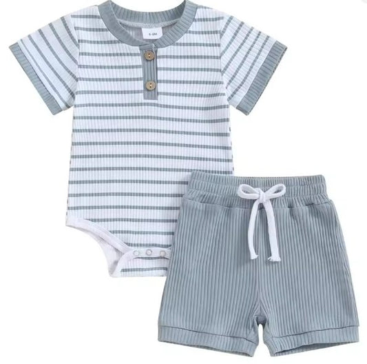 Blue Gray Striped Short Set