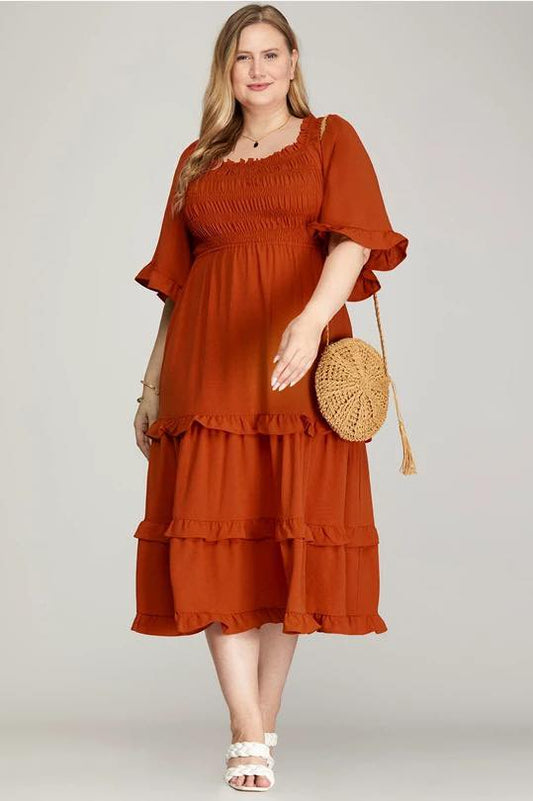 Bell Sleeve Square Neck Smocked Tiered Midi Dress In Rust by She + Sky