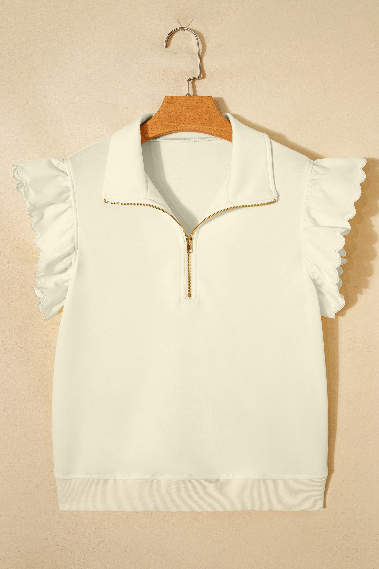 Beige Quarter Zip Collared Ruffled Short Sleeve Blouse
