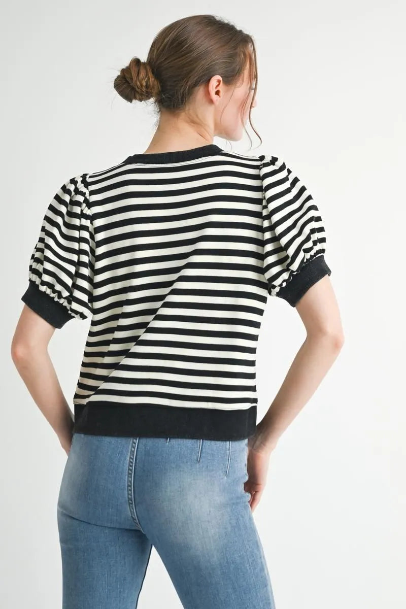 Black Stripe Puff Sleeve Top by JODIFL