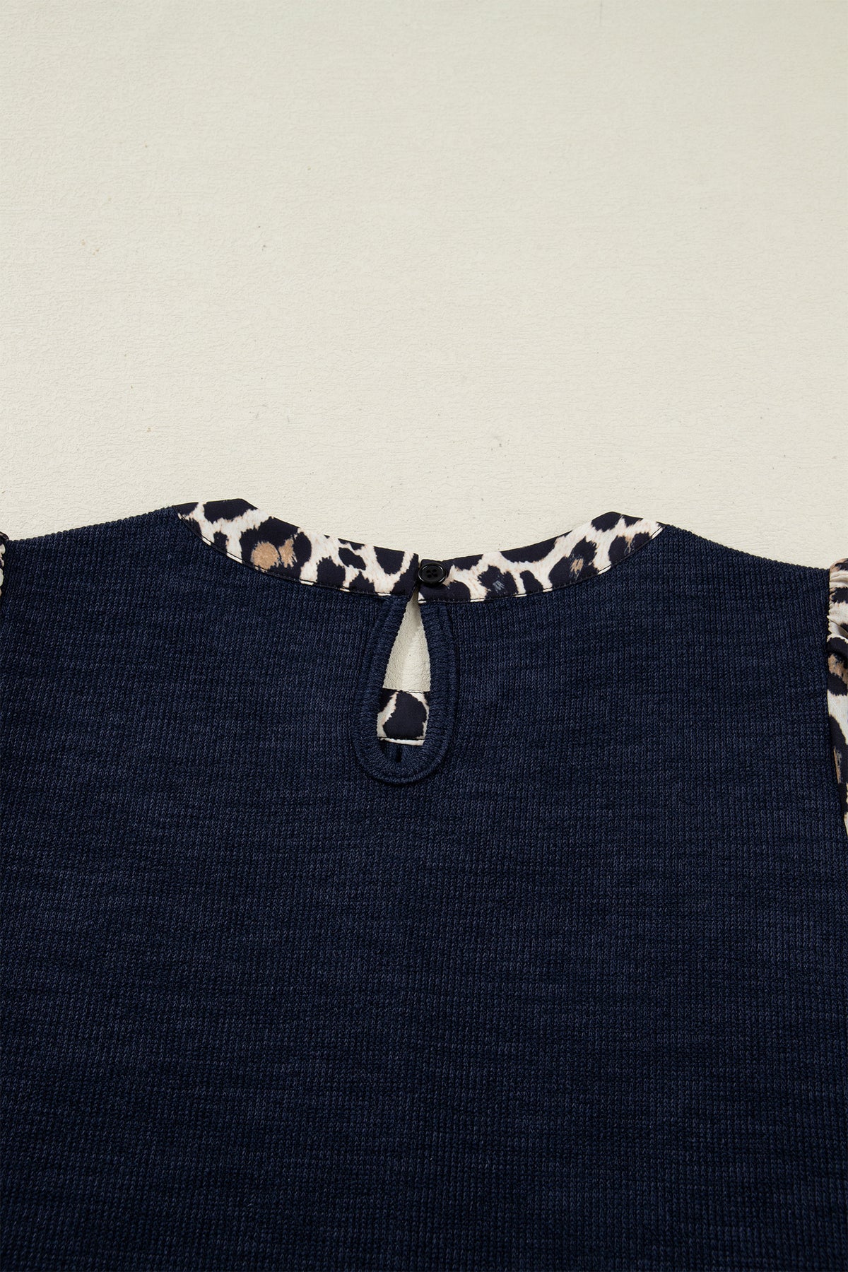 Navy Blue Ribbed Leopard Trim Short Sleeve Top