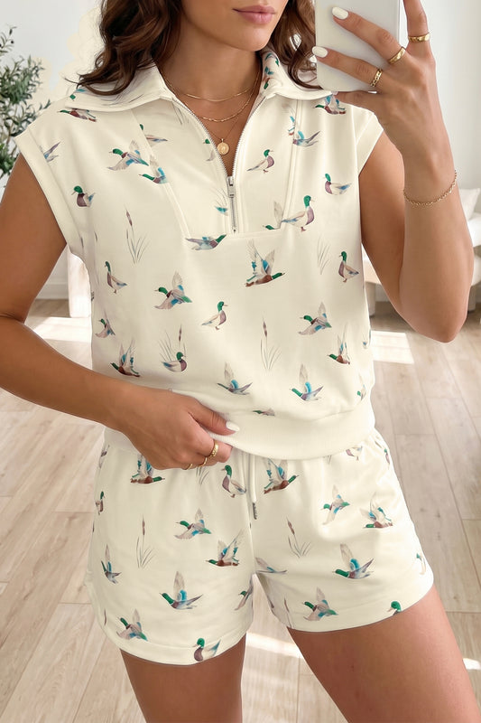 Beige Mallard  Zip Polo Tee Drawstring Short Set