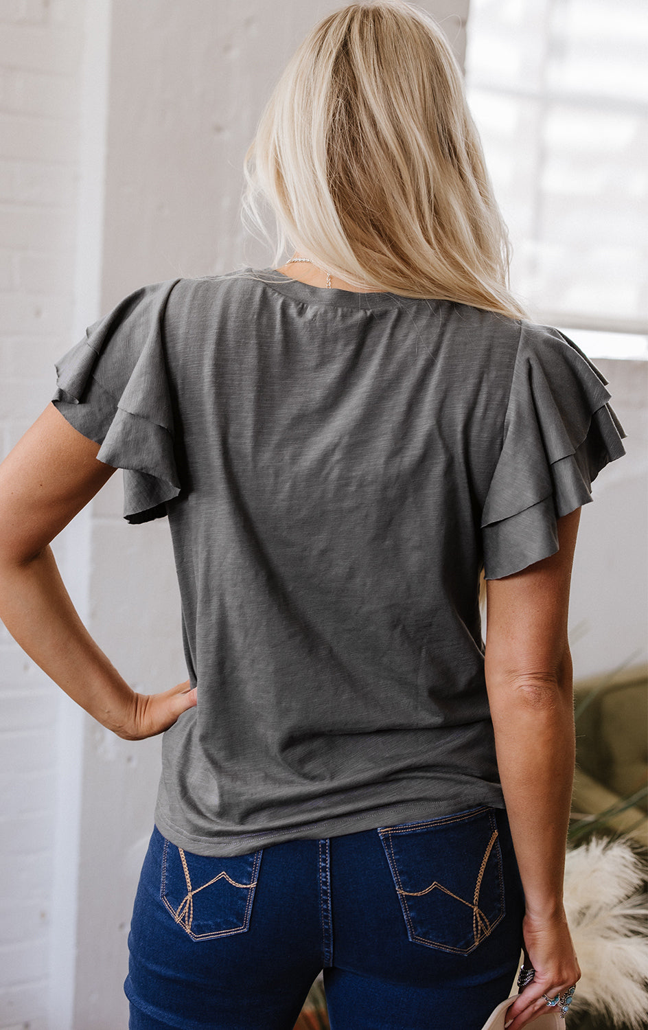 Dark Grey Layered Ruffle Sleeve Top