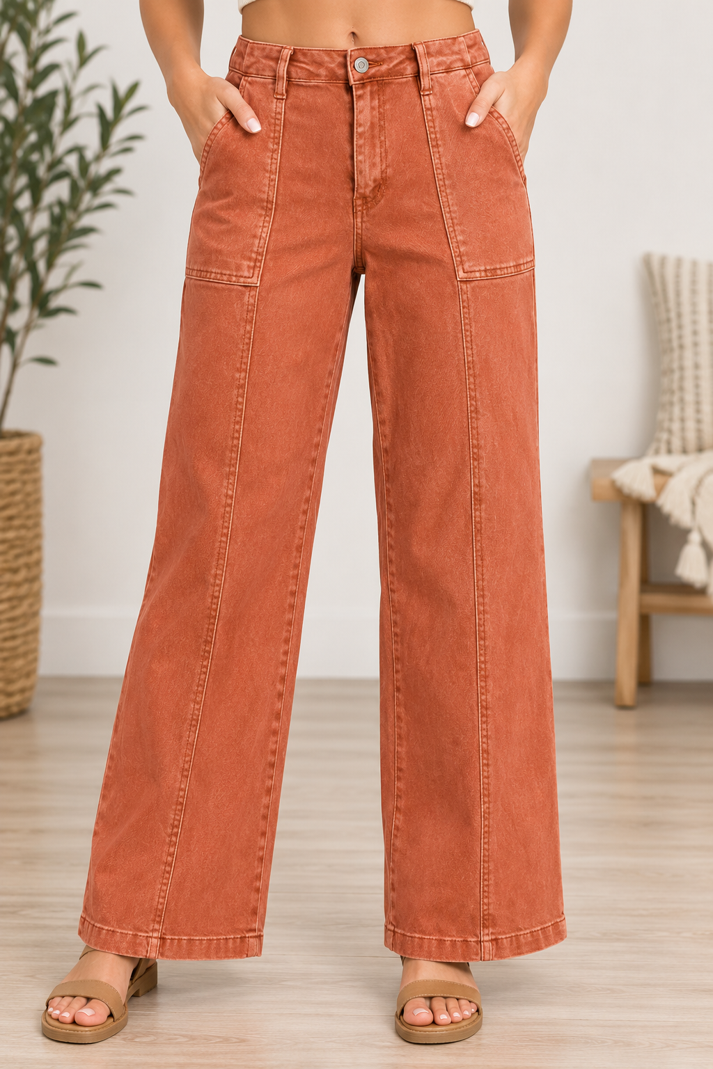 Zenana Rust Washed Straight Leg Utility Pocket Jeans