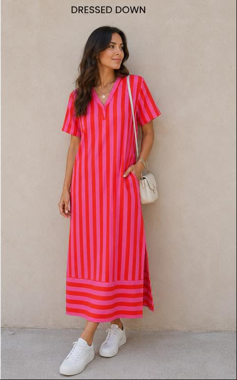 Pink Red Striped Midi Dress with Pockets