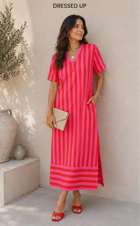 Pink Red Striped Midi Dress with Pockets