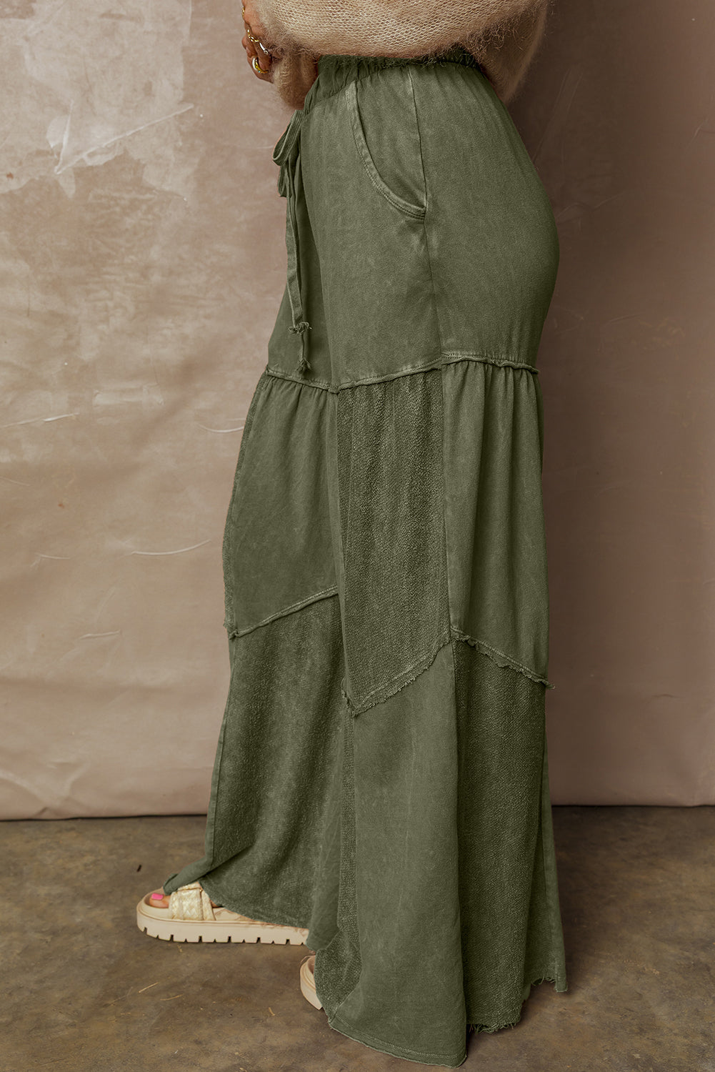 Olive Mineral Wash Tiered Wide Leg Pants