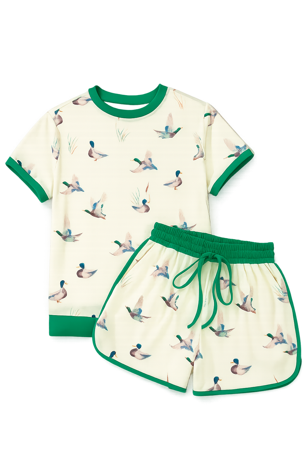 Beige Mallard Duck Print Trim Short Set