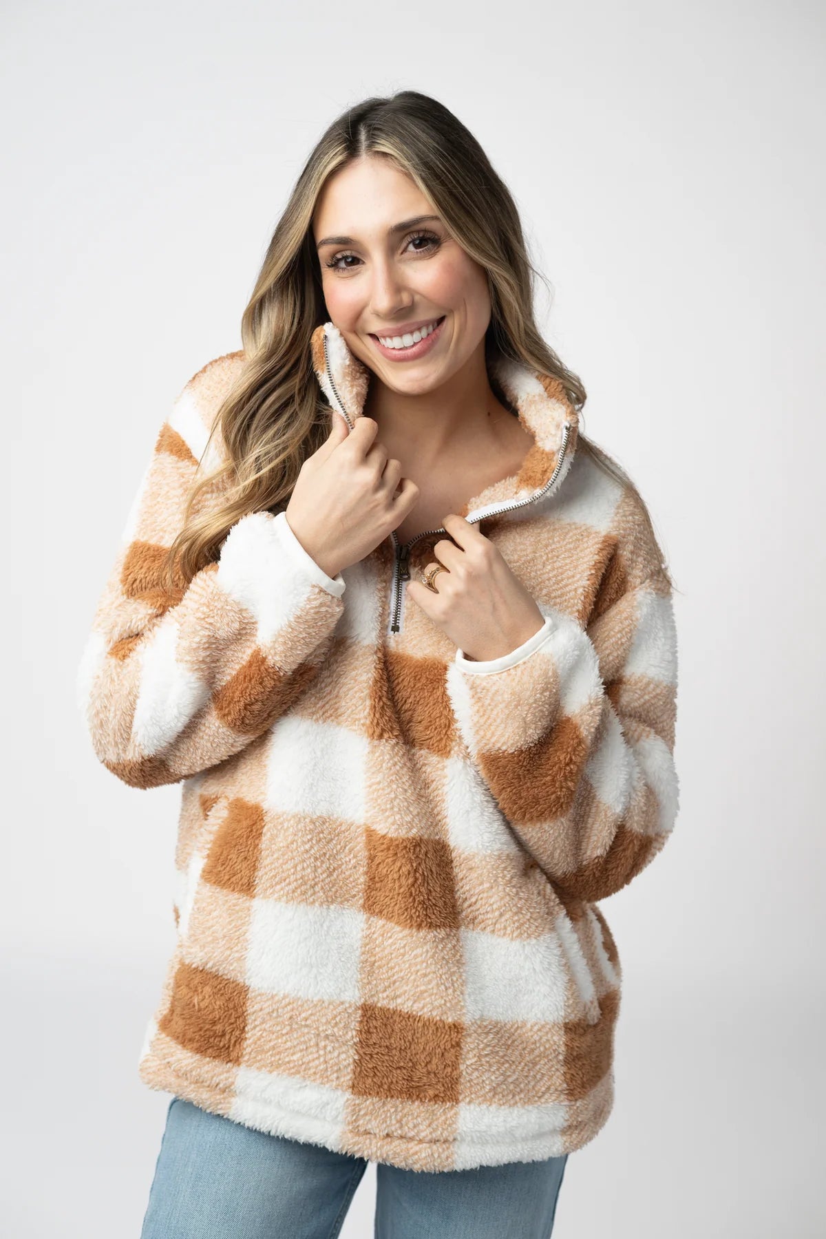 Sherpa Plaid Pullover - Camel by Michelle Mae