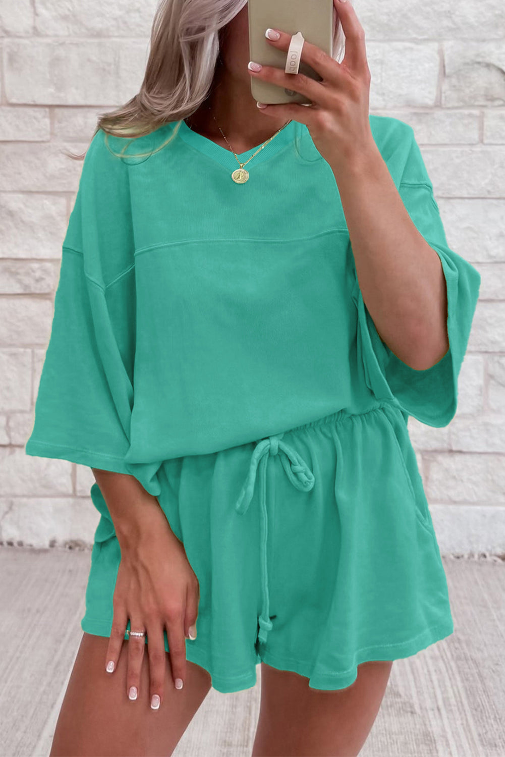 Sea Green V-Neck Tee & Shorts Set