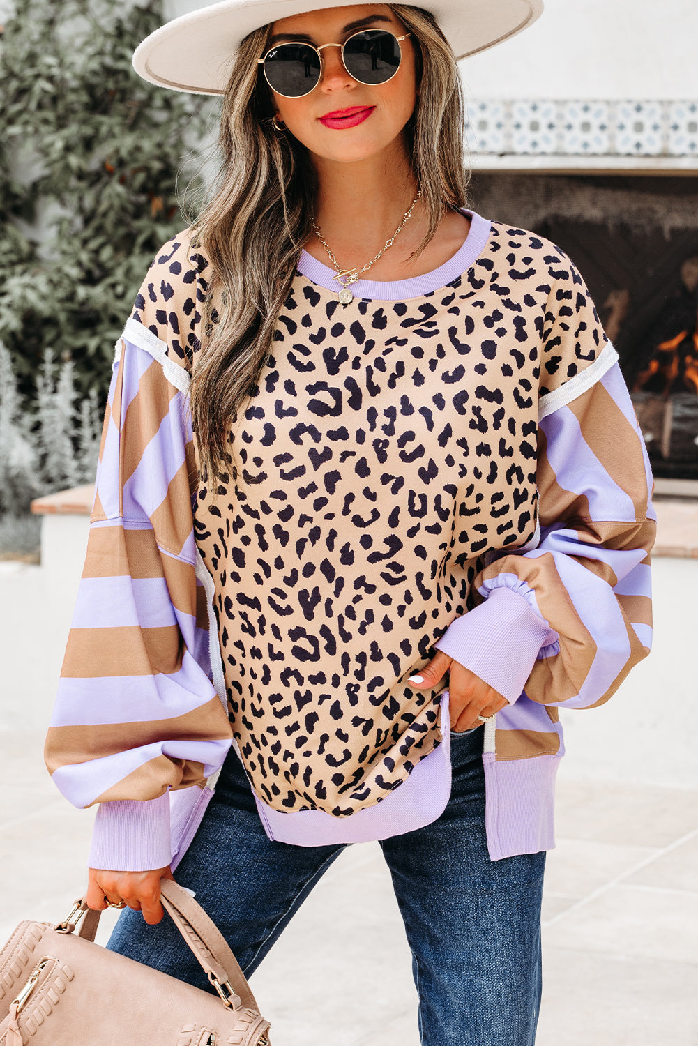 Purple Stripe Color Block Patchwork Leopard Casual Sweatshirt