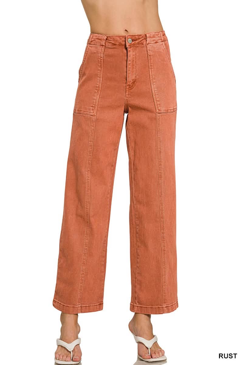 Zenana Rust Washed Straight Leg Utility Pocket Jeans