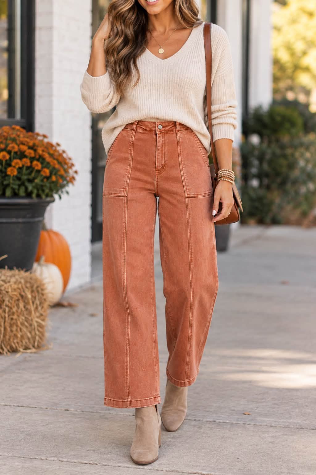 Zenana Rust Washed Straight Leg Utility Pocket Jeans