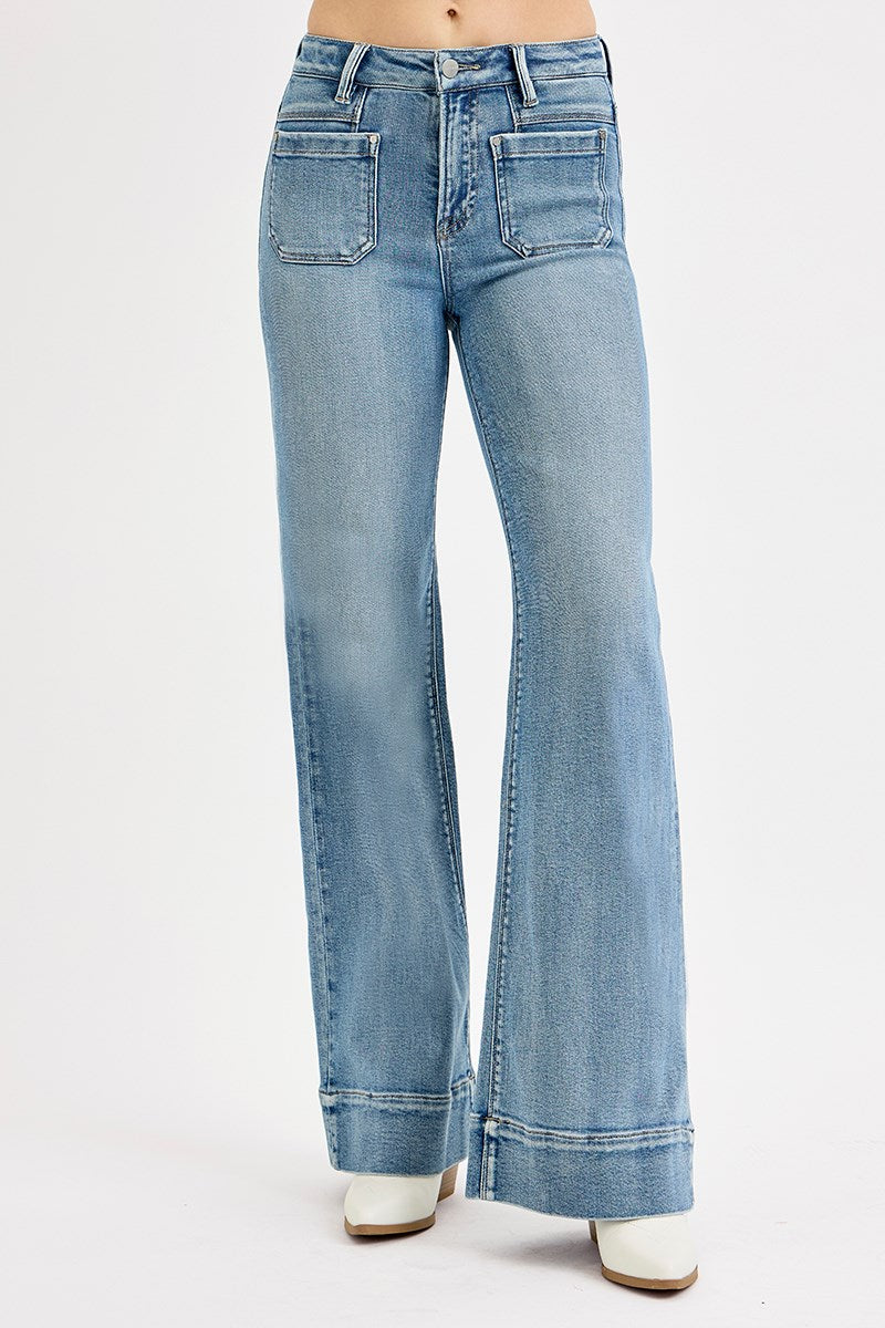 RISEN High Rise Wide Flare Patch Pocket Jeans