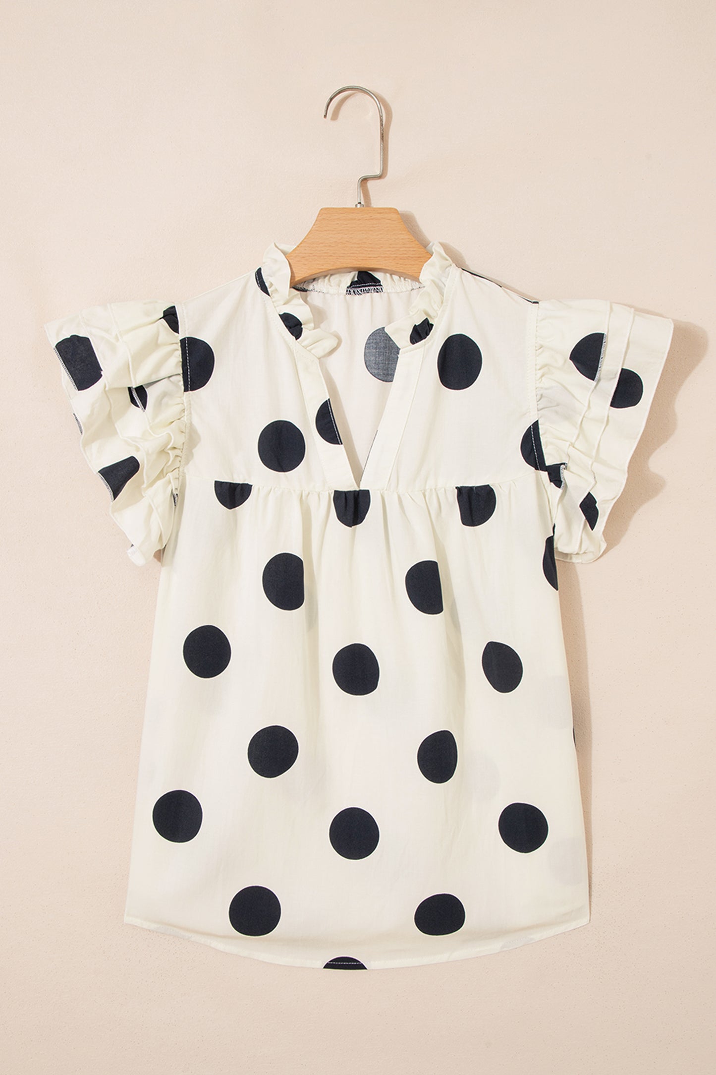 Apricot Polka Dot V-Neck Ruffle Short Sleeve Blouse