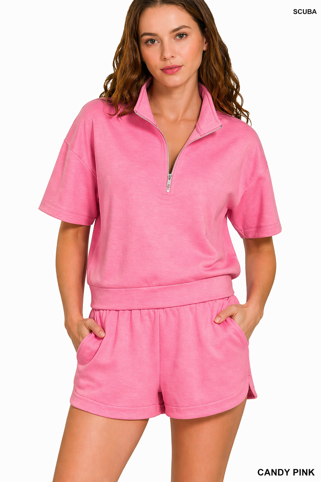 Zenana High Neck Half Zip Top & Shorts Set