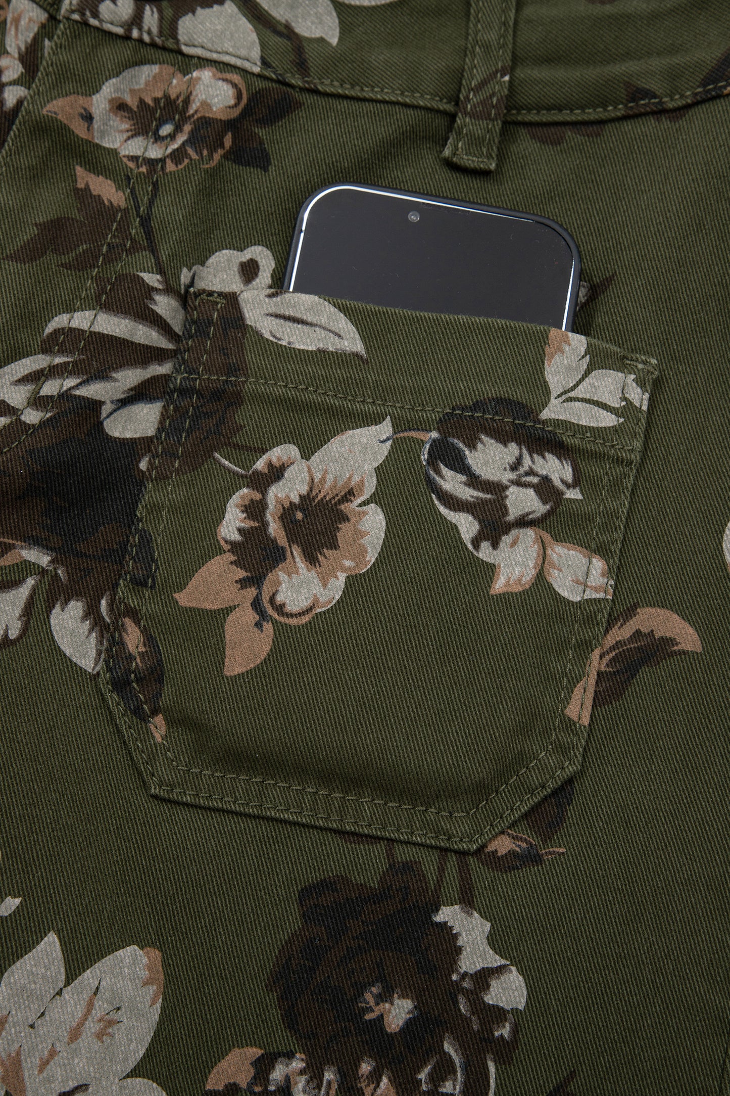 Olive Vintage Floral Patch Pocket Wide Leg Jeans