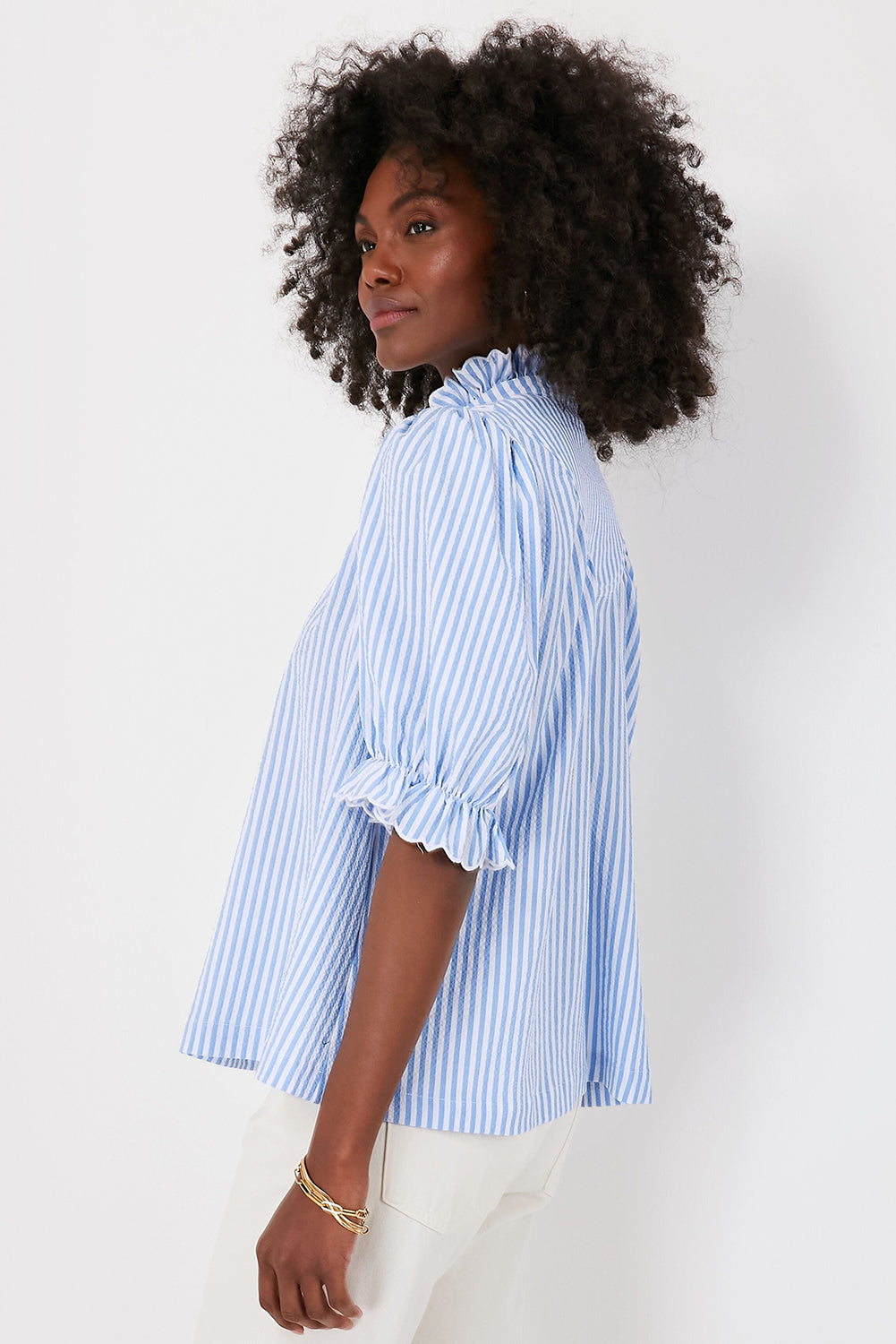 Blue Striped Ruffle Collar Blouse – Puff Sleeve