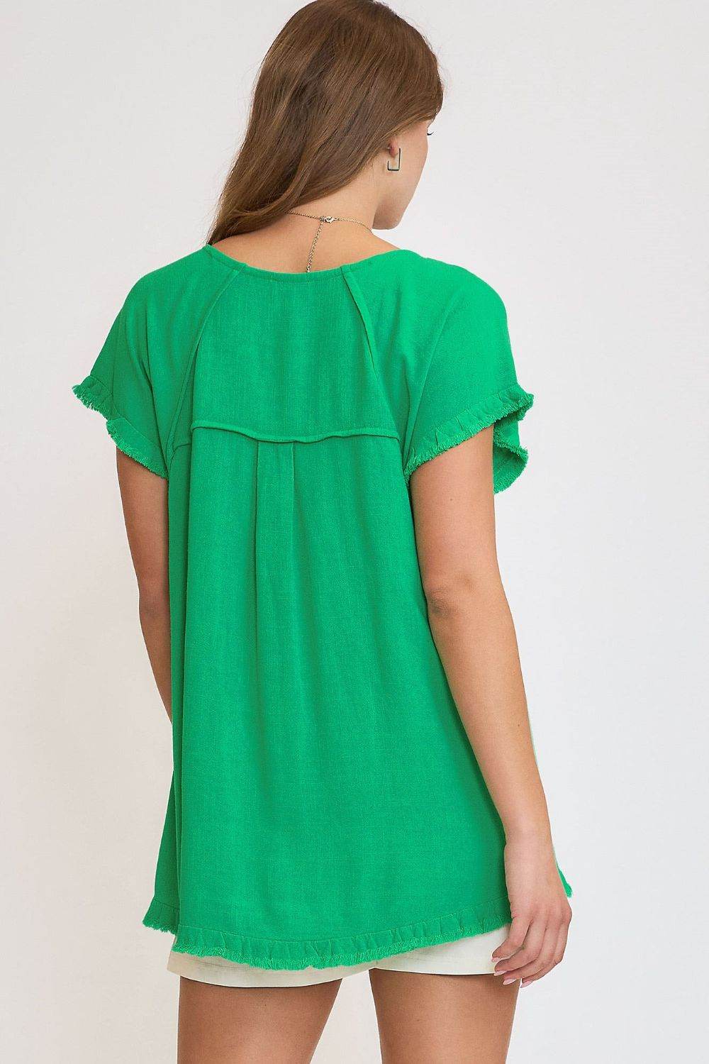 Umgee Linen Ruffle Fringe Edge Top