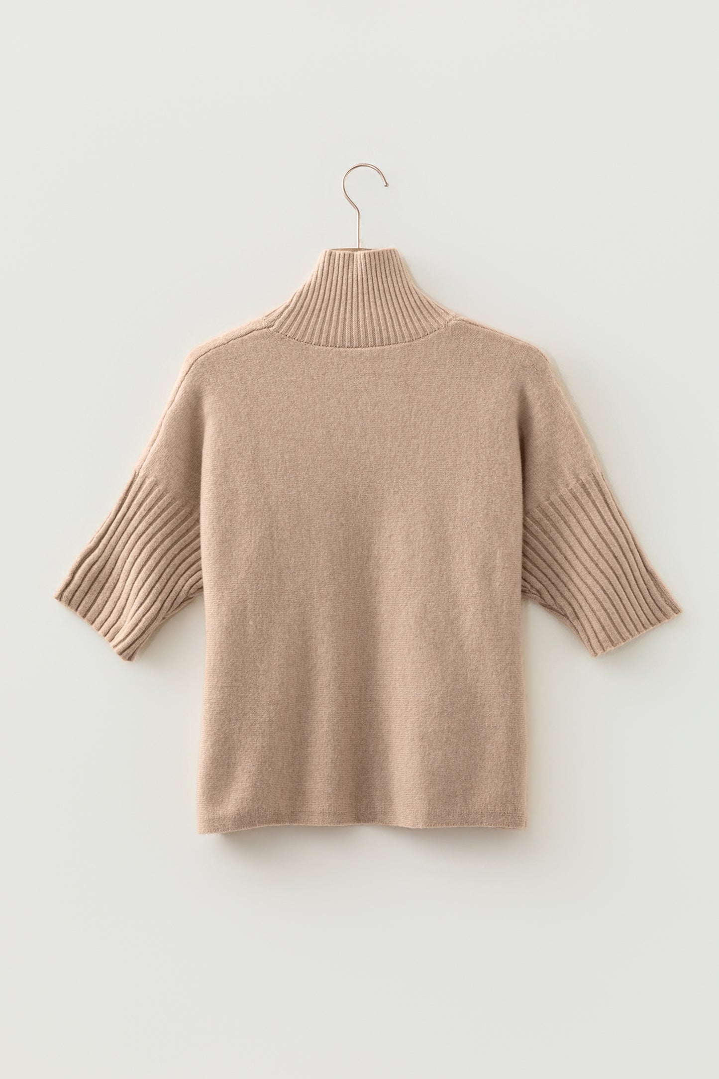 Beige Ribbed Trim High Neck Short Sleeve Sweater