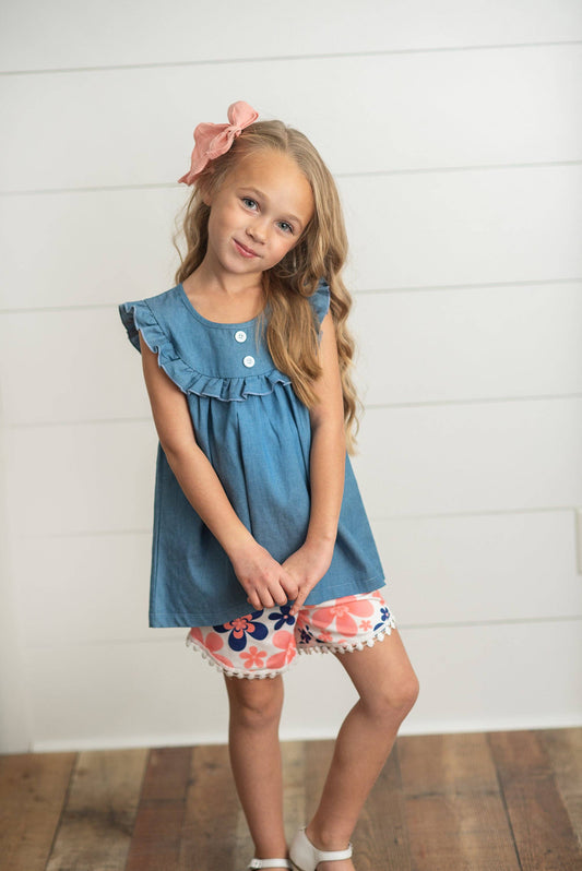 Girls Coral Floral Jean Ruffle Spring Summer 2 Piece Set