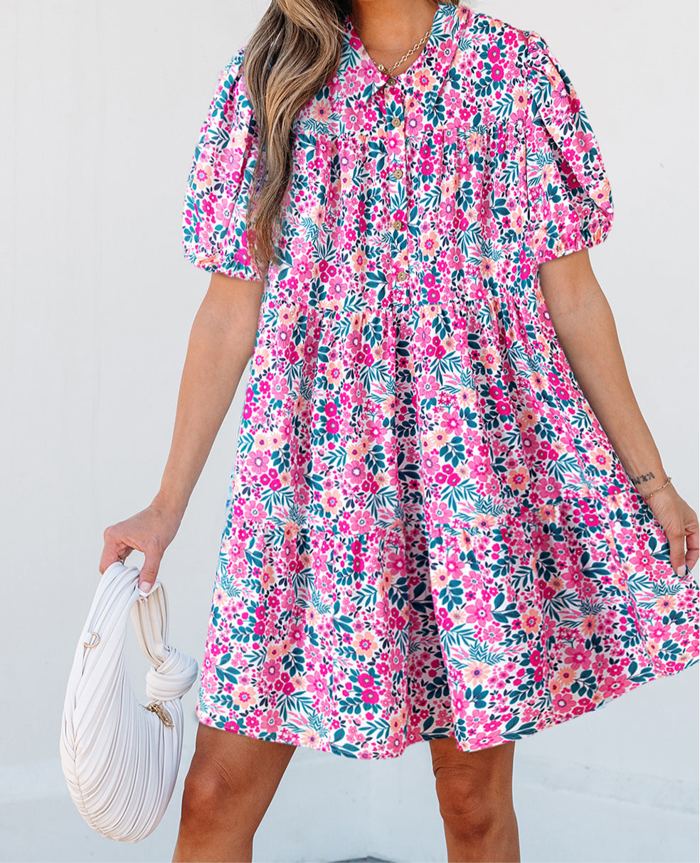Pink Floral Collared Half Placket Short Sleeve Loose Dress