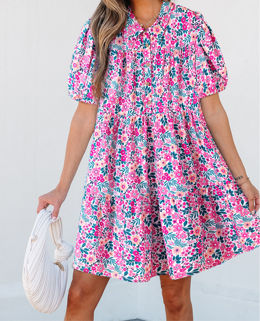 Pink Floral Collared Half Placket Short Sleeve Loose Dress
